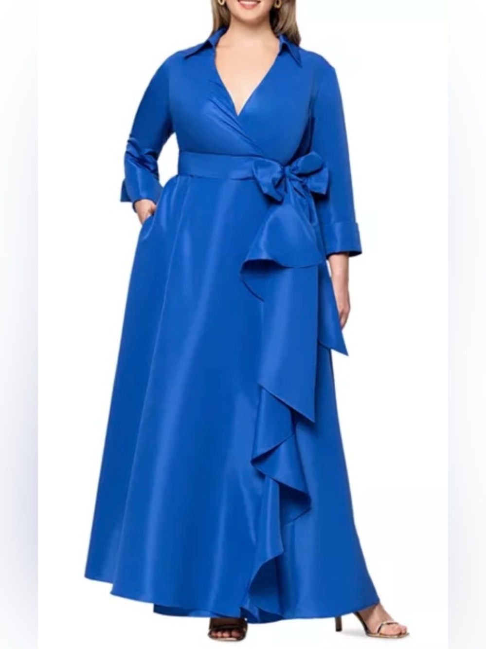 Betsy & Adam
Plus Belted Ruffle Front Ball Gown - Picture 2 of 13